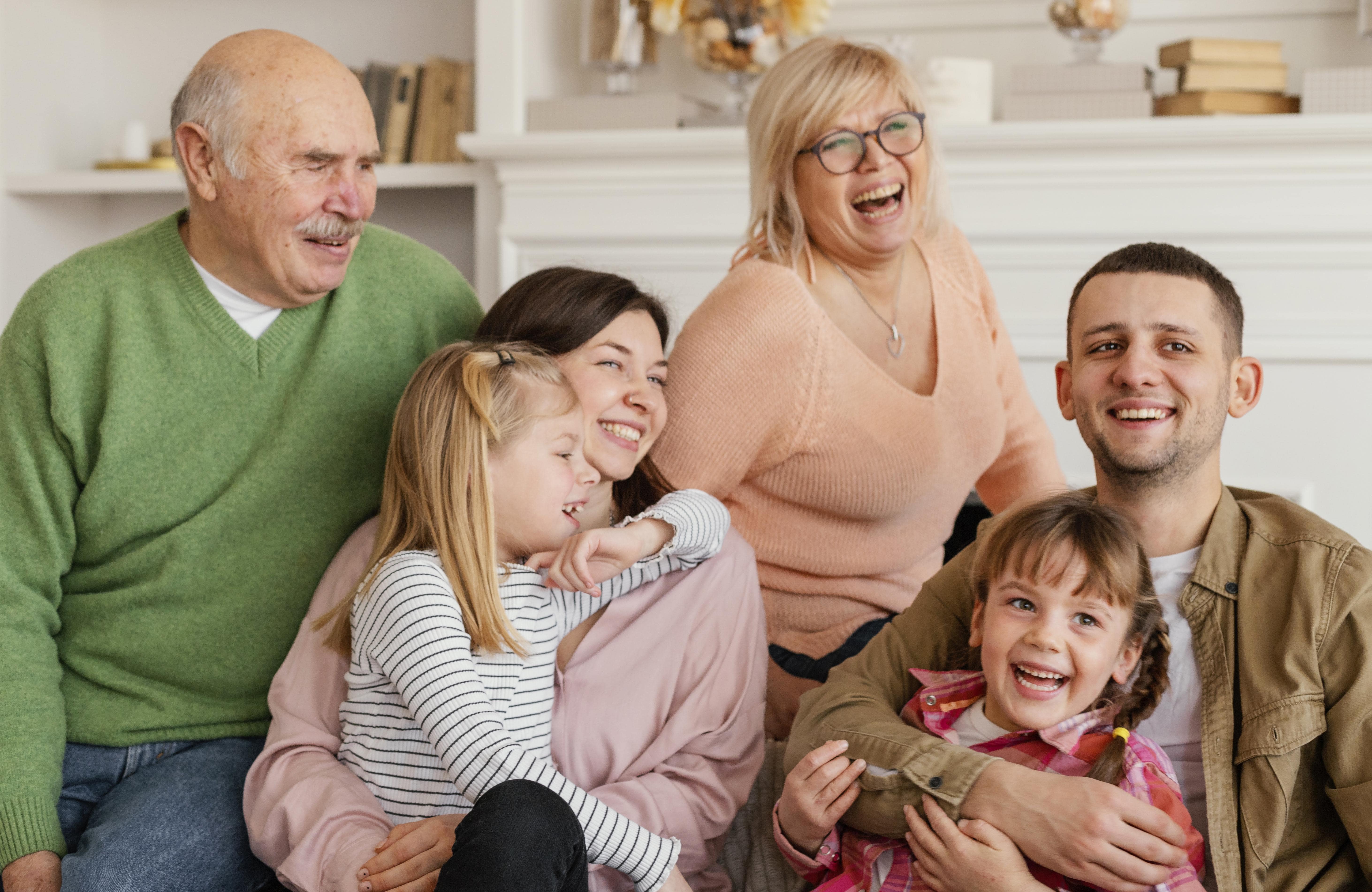 happy family with parents and children at home, health insurance concept, warm lighting, lifestyle photography